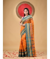 Traditional Pure Handloom Cotton Saree Flower Leaf Kolka Woven Design Without Blouse Piece (Orange)