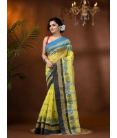 Traditional Pure Handloom Cotton Saree Flower Leaf Kolka Woven Design Without Blouse Piece (Yellow)