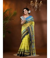 Traditional Pure Handloom Cotton Saree Flower Leaf Kolka Woven Design Without Blouse Piece (Yellow)