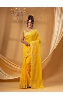 Tant Cotton Silk Handloom Cotton Saree Flowting Leaves Work With Blouse Piece (yellow)