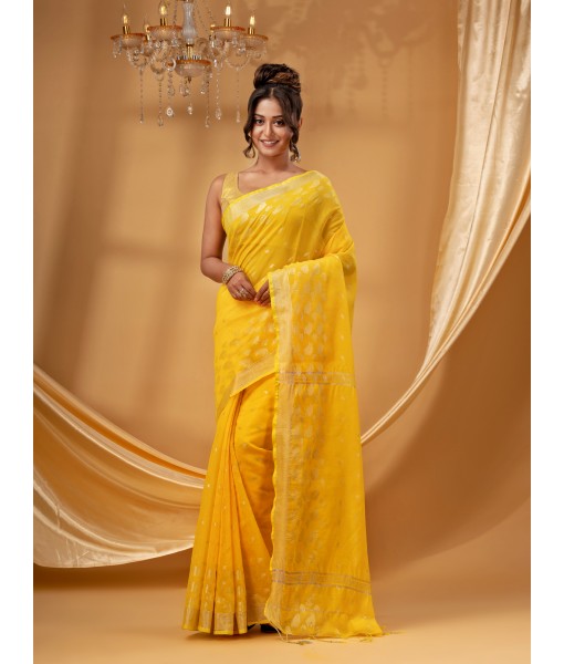 Tant Cotton Silk Handloom Cotton Saree Flowting Leaves Work With Blouse Piece (yellow)