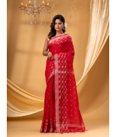 Tant Cotton Silk Handloom Cotton Saree Flowting Leaves Work With Blouse Piece (Red)