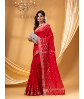 Tant Cotton Silk Handloom Cotton Saree Flowting Leaves Work With Blouse Piece (Red)