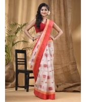 Bengal Fuleswari Woven Designer Pure Handloom Cotton Saree (White Red)