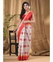 Bengal Fuleswari Woven Designer Pure Handloom Cotton Saree (White Red)