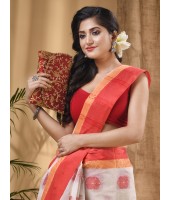 Bengal Fuleswari Woven Designer Pure Handloom Cotton Saree (White Red)