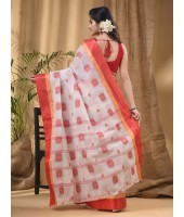 Bengal Fuleswari Woven Designer Pure Handloom Cotton Saree (White Red)