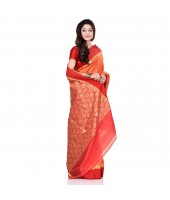 dB DESH BIDESH Women`s Bengal Kanchipuram Art Silk Saree Handmade Whole Body Garad Design With Running Blouse Fanta