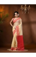 Resham Dhakai Jamdani Cotton Handloom Saree Hajar Buti Design Jamdani Saree(Cream Red)