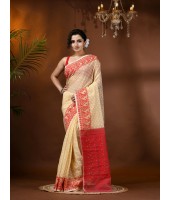 Resham Dhakai Jamdani Cotton Handloom Saree Hajar Buti Design Jamdani Saree(Cream Red)