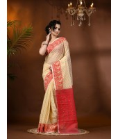 Resham Dhakai Jamdani Cotton Handloom Saree Hajar Buti Design Jamdani Saree(Cream Red)