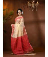 Resham Dhakai Jamdani Cotton Handloom Saree Hajar Buti Design Jamdani Saree(Cream Red)