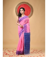 Resham Dhakai Jamdani Cotton Handloom Saree Hajar Buti Design Jamdani Saree(Pink Blue)