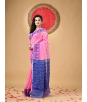 Resham Dhakai Jamdani Cotton Handloom Saree Hajar Buti Design Jamdani Saree(Pink Blue)