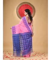 Resham Dhakai Jamdani Cotton Handloom Saree Hajar Buti Design Jamdani Saree(Pink Blue)