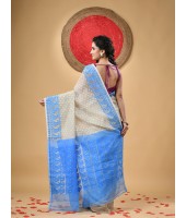  Resham Dhakai Jamdani Cotton Handloom Saree Hajar Buti Design Jamdani Saree (White Blue)