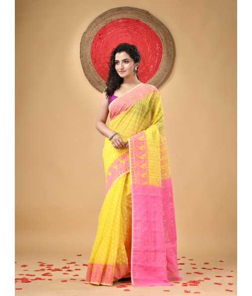  Resham Dhakai Jamdani Cotton Handloom Saree Hajar Buti Design Jamdani Saree (Yellow Pink)