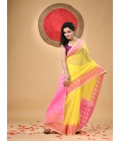  Resham Dhakai Jamdani Cotton Handloom Saree Hajar Buti Design Jamdani Saree (Yellow Pink)