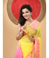  Resham Dhakai Jamdani Cotton Handloom Saree Hajar Buti Design Jamdani Saree (Yellow Pink)