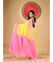  Resham Dhakai Jamdani Cotton Handloom Saree Hajar Buti Design Jamdani Saree (Yellow Pink)