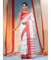 Traditional Soft Handloom Cotton Saree Flower Garden Design With Blouse Piece (Red White)