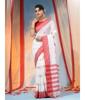 Traditional Soft Handloom Cotton Saree Flower Garden Design With Blouse Piece (Red White)