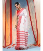 Traditional Soft Handloom Cotton Saree Flower Garden Design With Blouse Piece (Red White)