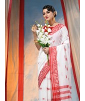 Traditional Soft Handloom Cotton Saree Flower Garden Design With Blouse Piece (Red White)