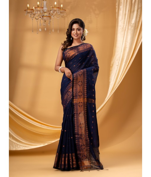  Bengal Cotton Silk Pure Handloom Cotton Saree Kohinoor Work With Blouse Piece (Dark blue)