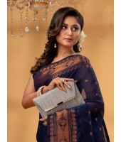  Bengal Cotton Silk Pure Handloom Cotton Saree Kohinoor Work With Blouse Piece (Dark blue)