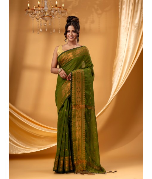 Bengal Cotton Silk Pure Handloom Cotton Saree Kohinoor Work With Blouse Piece(Green)