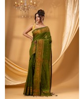 Bengal Cotton Silk Pure Handloom Cotton Saree Kohinoor Work With Blouse Piece(Green)