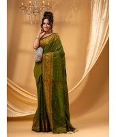 Bengal Cotton Silk Pure Handloom Cotton Saree Kohinoor Work With Blouse Piece(Green)