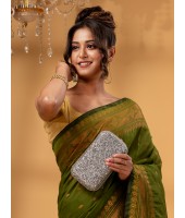 Bengal Cotton Silk Pure Handloom Cotton Saree Kohinoor Work With Blouse Piece(Green)