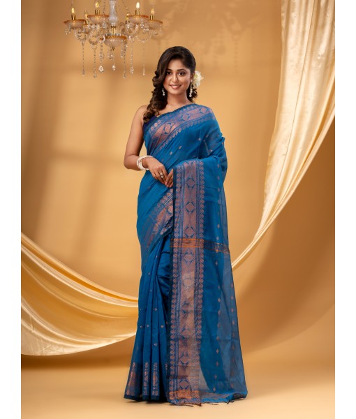  Bengal Cotton Silk Pure Handloom Cotton Saree Kohinoor Work With Blouse Piece (Light Blue)