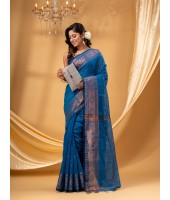  Bengal Cotton Silk Pure Handloom Cotton Saree Kohinoor Work With Blouse Piece (Light Blue)