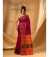 Tant Cotton Silk Handloom Cotton Saree Pushpomala With Blouse Piece (Orange Pink)