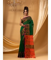 Tant Cotton Silk Handloom Cotton Saree Pushpomala With Blouse Piece (Orange Green)