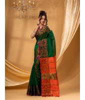 Tant Cotton Silk Handloom Cotton Saree Pushpomala With Blouse Piece (Orange Green)