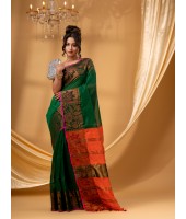 Tant Cotton Silk Handloom Cotton Saree Pushpomala With Blouse Piece (Orange Green)