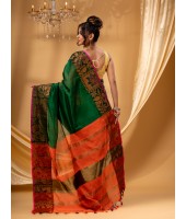 Tant Cotton Silk Handloom Cotton Saree Pushpomala With Blouse Piece (Orange Green)