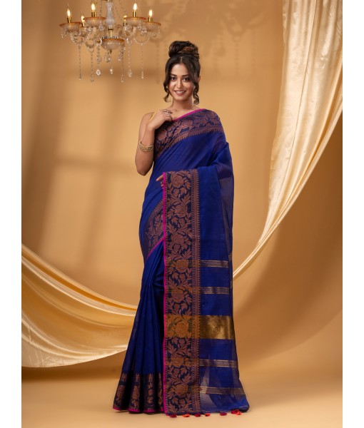  Cotton Handloom Cotton Silk Saree Gulab Work With Blouse Piece (Deep Blue)