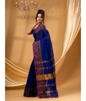  Cotton Handloom Cotton Silk Saree Gulab Work With Blouse Piece (Deep Blue)