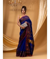  Cotton Handloom Cotton Silk Saree Gulab Work With Blouse Piece (Deep Blue)