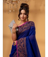  Cotton Handloom Cotton Silk Saree Gulab Work With Blouse Piece (Deep Blue)