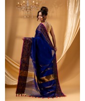  Cotton Handloom Cotton Silk Saree Gulab Work With Blouse Piece (Deep Blue)