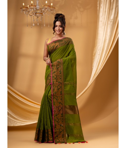 Cotton Handloom Cotton Silk Saree Gulab Work With Blouse Piece (Dark Green)