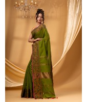 Cotton Handloom Cotton Silk Saree Gulab Work With Blouse Piece (Dark Green)