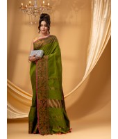 Cotton Handloom Cotton Silk Saree Gulab Work With Blouse Piece (Dark Green)