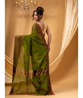 Cotton Handloom Cotton Silk Saree Gulab Work With Blouse Piece (Dark Green)